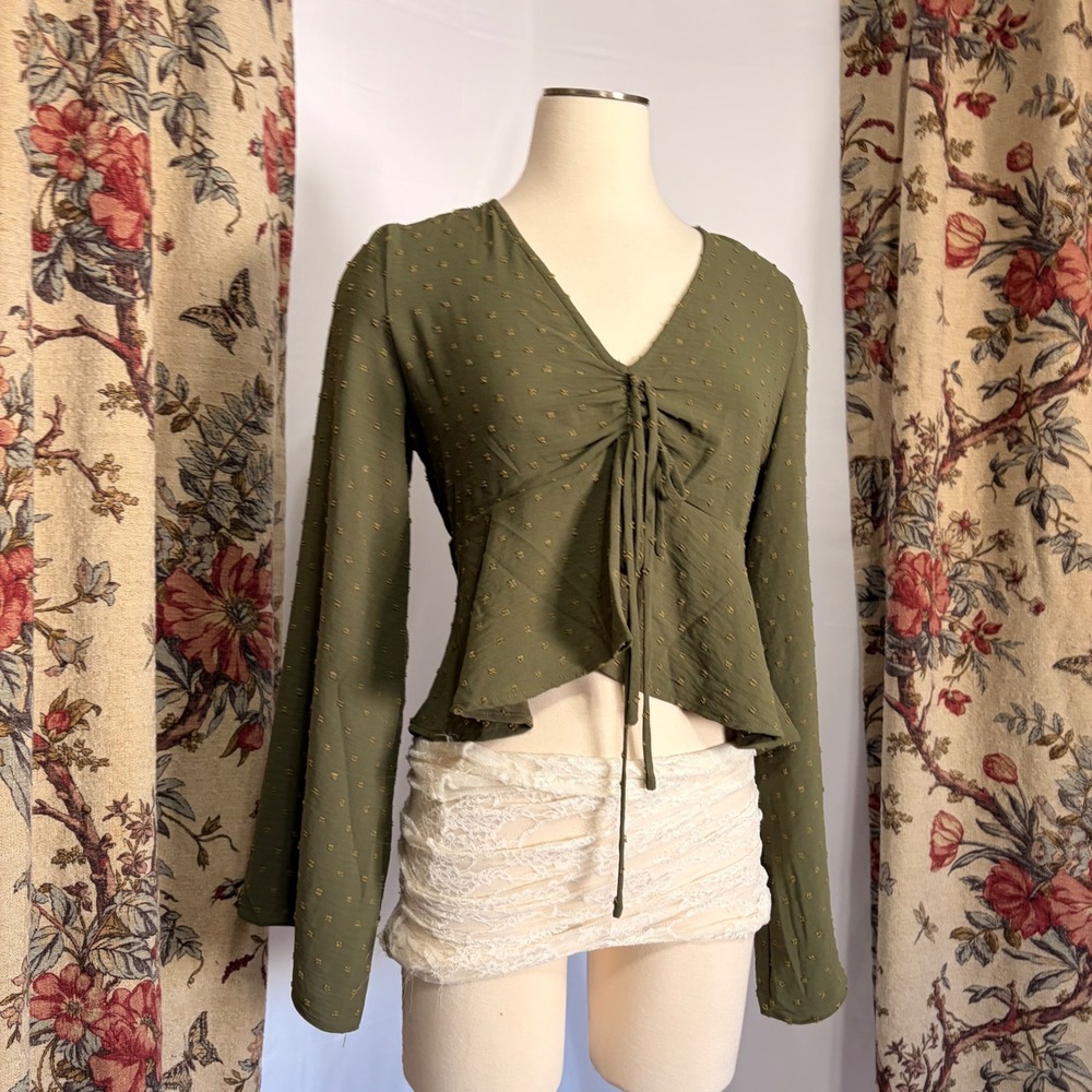 Altar'd State Olive Green Swiss Dot Long Sleeve with Front Tie Boho Crop Top